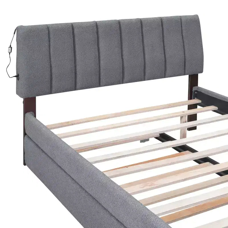 Lit plateforme capitonné pleine/grand lit avec lit gigogne, cadre de lit moderne en polaire bouclée avec lumière LED