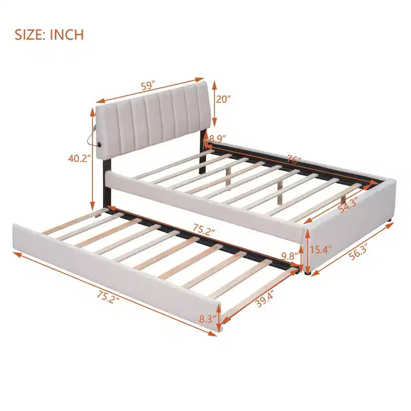 Lit plateforme capitonné pleine/grand lit avec lit gigogne, cadre de lit moderne en polaire bouclée avec lumière LED