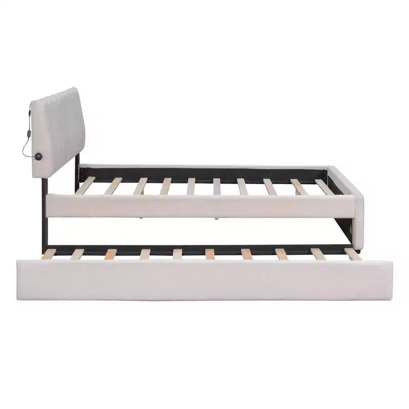 Lit plateforme capitonné pleine/grand lit avec lit gigogne, cadre de lit moderne en polaire bouclée avec lumière LED