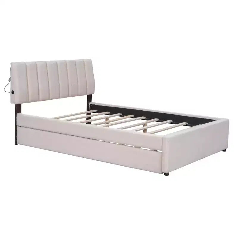 Lit plateforme capitonné pleine/grand lit avec lit gigogne, cadre de lit moderne en polaire bouclée avec lumière LED