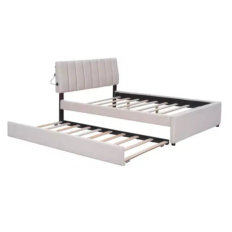 Lit plateforme capitonné pleine/grand lit avec lit gigogne, cadre de lit moderne en polaire bouclée avec lumière LED