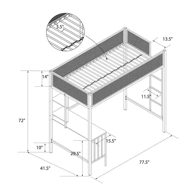 Lit mezzanine double Bellemave avec bureau et étagères, Noir