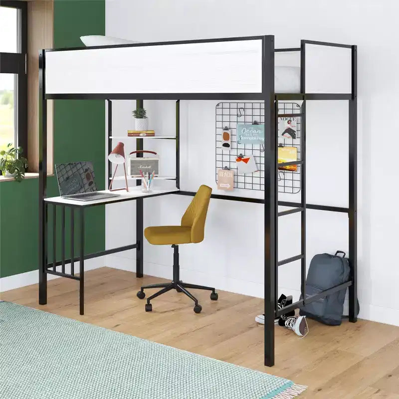 Lit mezzanine double Bellemave avec bureau et étagères, Noir
