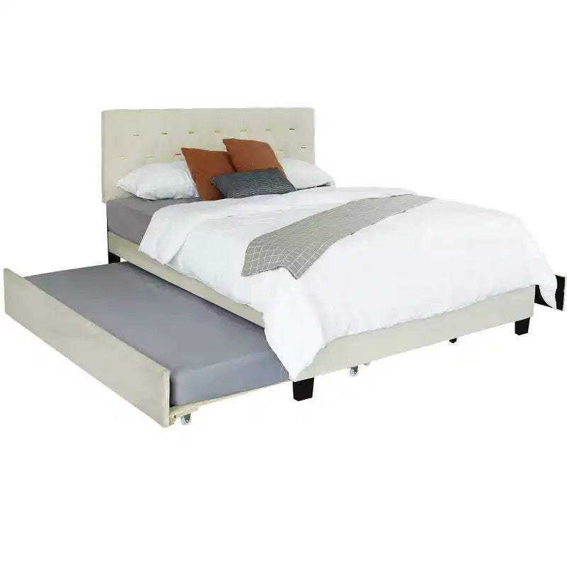 Lit queen Bellemave moderne en velours avec lit gigogne double et 2 tiroirs de rangement, beige