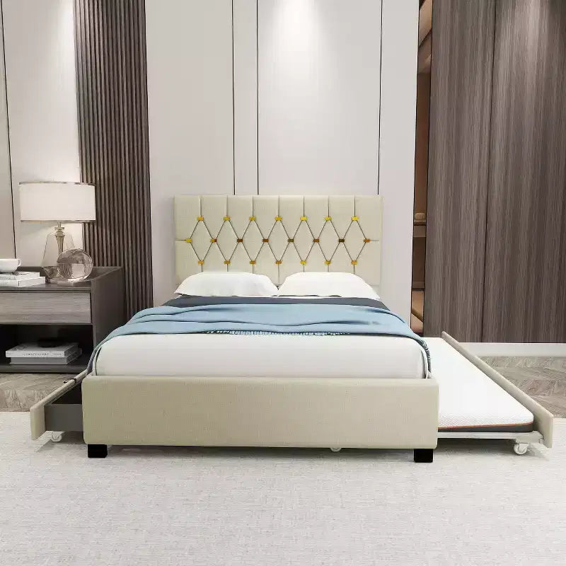 Lit queen Bellemave moderne en velours avec lit gigogne double et 2 tiroirs de rangement, beige