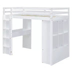 Lit mezzanine Bellemave grand format avec de grandes étagères, un bureau et un éclairage LED, Blanc