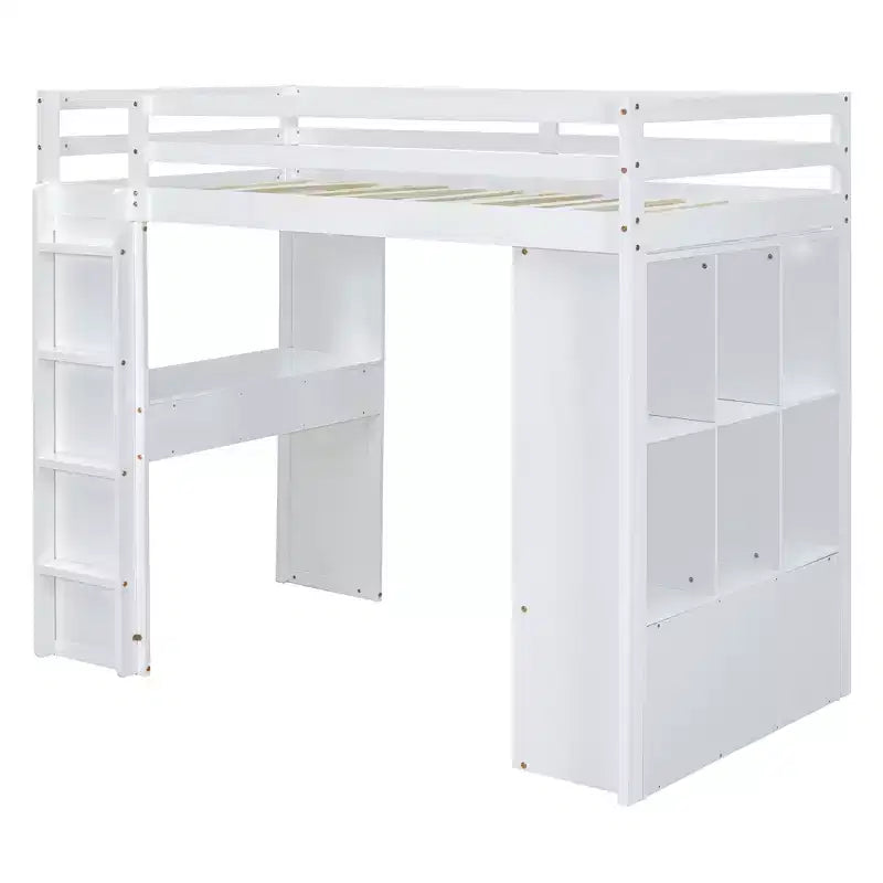 Lit mezzanine Bellemave grand format avec de grandes étagères, un bureau et un éclairage LED, Blanc