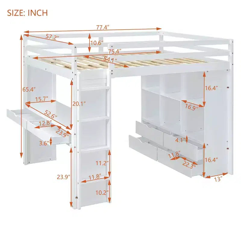 Lit mezzanine Bellemave grand format avec de grandes étagères, un bureau et un éclairage LED, Blanc