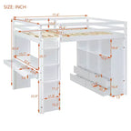 Lit mezzanine Bellemave grand format avec de grandes étagères, un bureau et un éclairage LED, Blanc