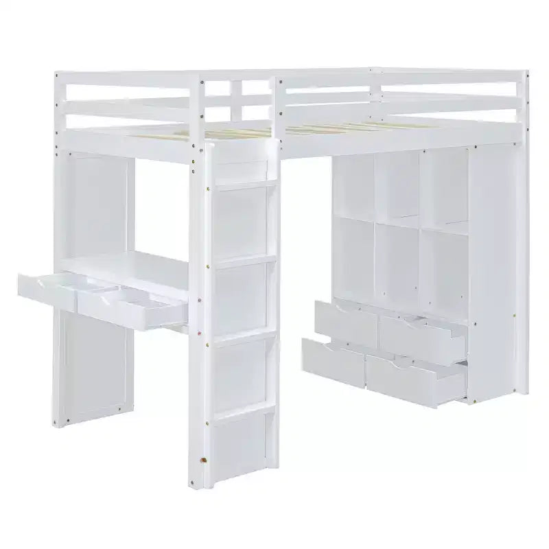 Lit mezzanine Bellemave grand format avec de grandes étagères, un bureau et un éclairage LED, Blanc