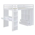 Lit mezzanine Bellemave grand format avec de grandes étagères, un bureau et un éclairage LED, Blanc