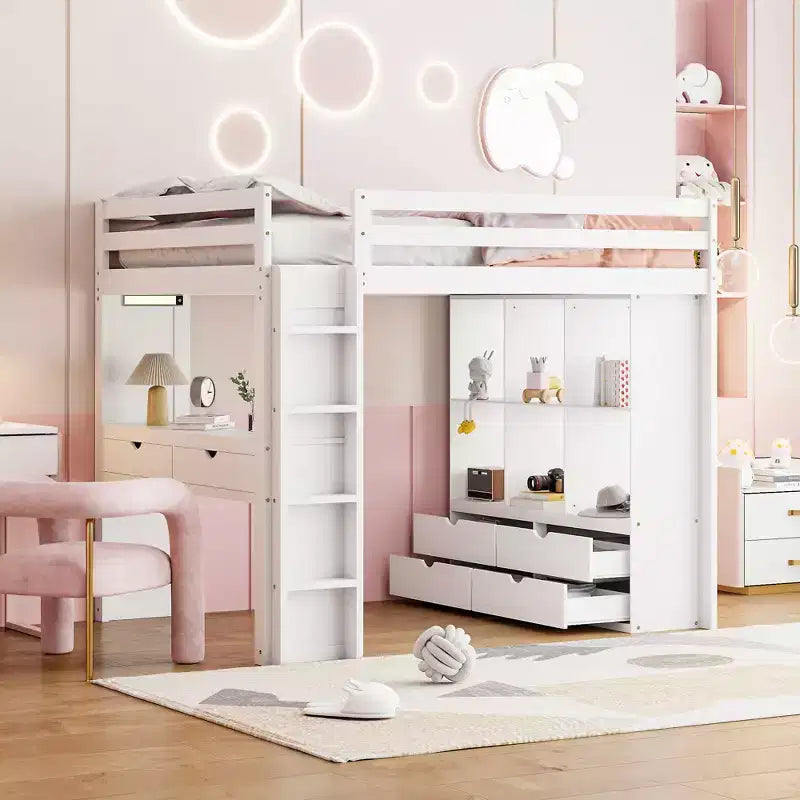 Lit mezzanine Bellemave grand format avec de grandes étagères, un bureau et un éclairage LED, Blanc