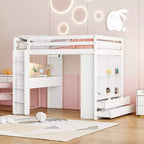 Lit mezzanine Bellemave grand format avec de grandes étagères, un bureau et un éclairage LED, Blanc