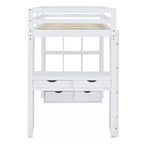 Lit mezzanine Bellemave grand format avec de grandes étagères, un bureau et un éclairage LED, Blanc