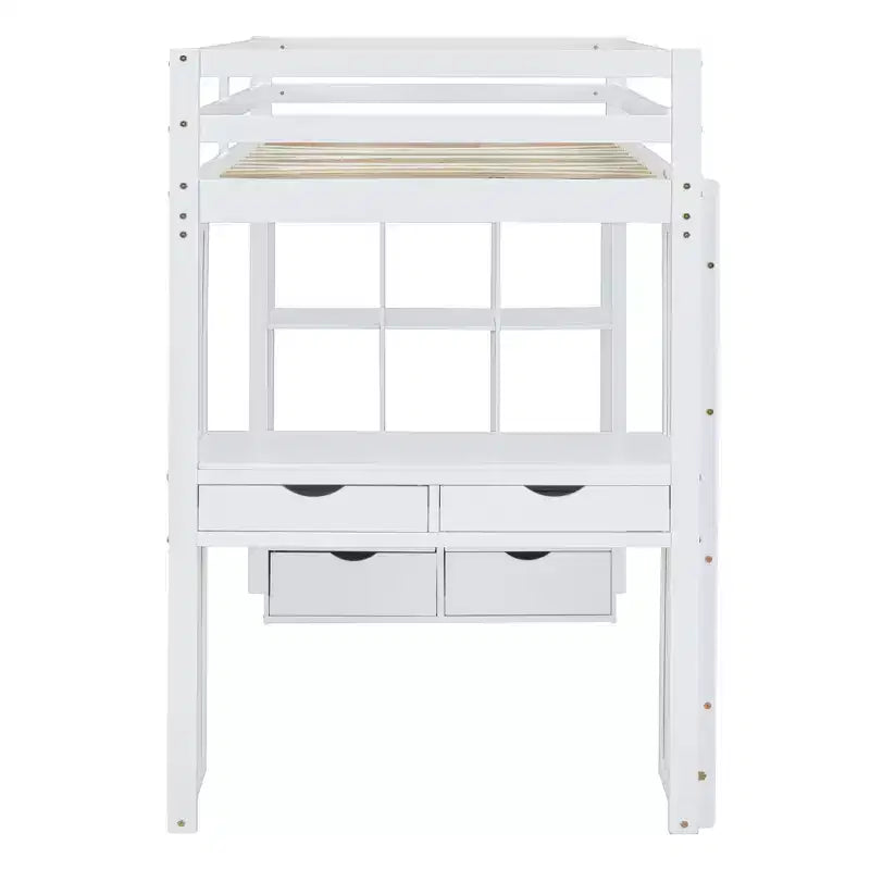 Lit mezzanine Bellemave grand format avec de grandes étagères, un bureau et un éclairage LED, Blanc
