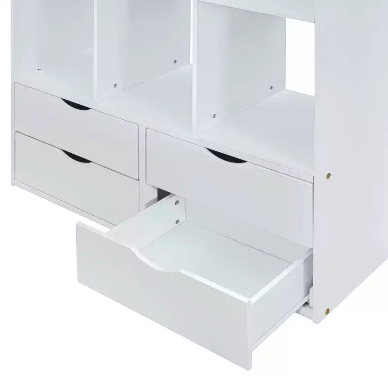 Lit mezzanine Bellemave grand format avec de grandes étagères, un bureau et un éclairage LED, Blanc