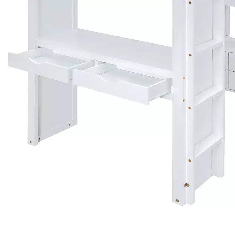 Lit mezzanine Bellemave grand format avec de grandes étagères, un bureau et un éclairage LED, Blanc