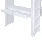 Lit mezzanine Bellemave grand format avec de grandes étagères, un bureau et un éclairage LED, Blanc