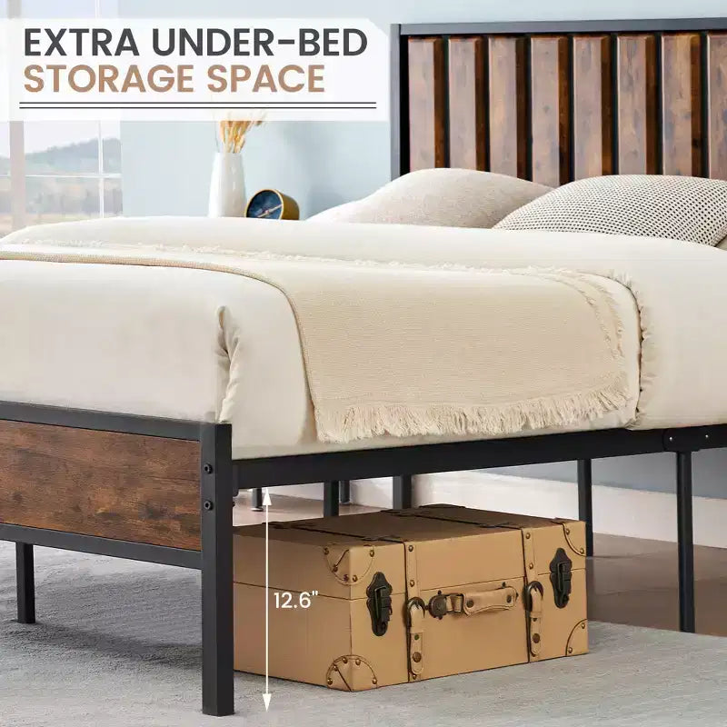 Cadre de lit plateforme en métal avec tête et pied de lit en bois, 14 lattes de support, sommier tapissier non requis, silencieux, assemblage facile