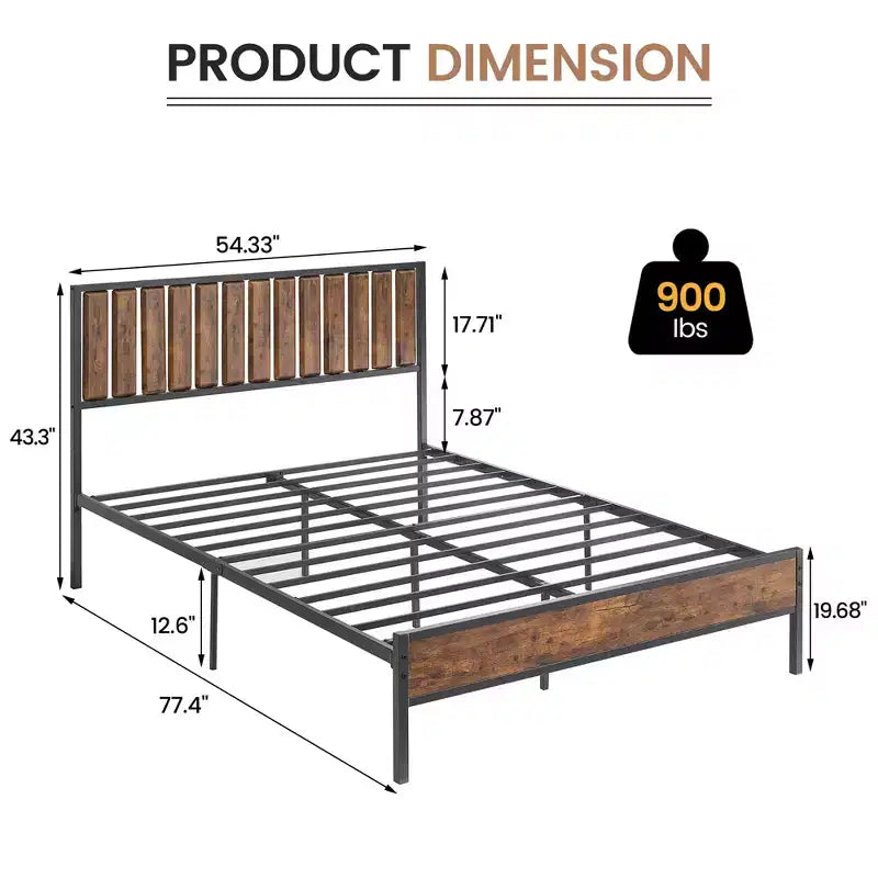 Cadre de lit plateforme en métal avec tête et pied de lit en bois, 14 lattes de support, sommier tapissier non requis, silencieux, assemblage facile