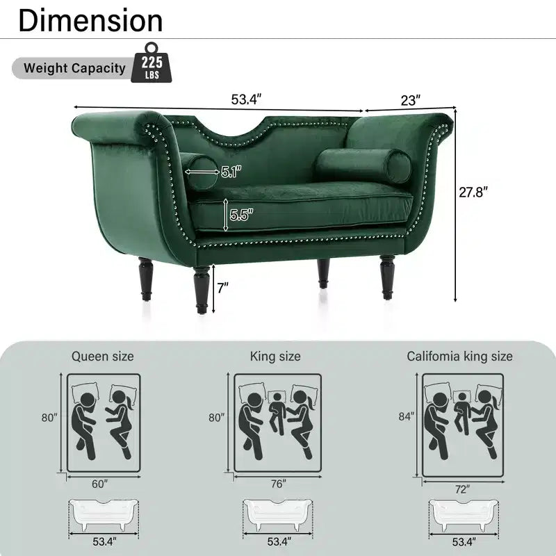 Banc en velours Christopher Knight Home Baird avec garniture cloutée et bras incurvés, 2 oreillers et pieds en bois