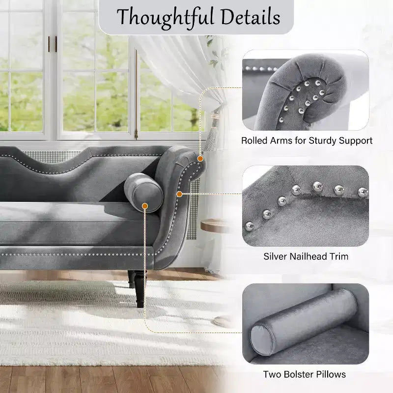Banc en velours Christopher Knight Home Baird avec garniture cloutée et bras incurvés, 2 oreillers et pieds en bois