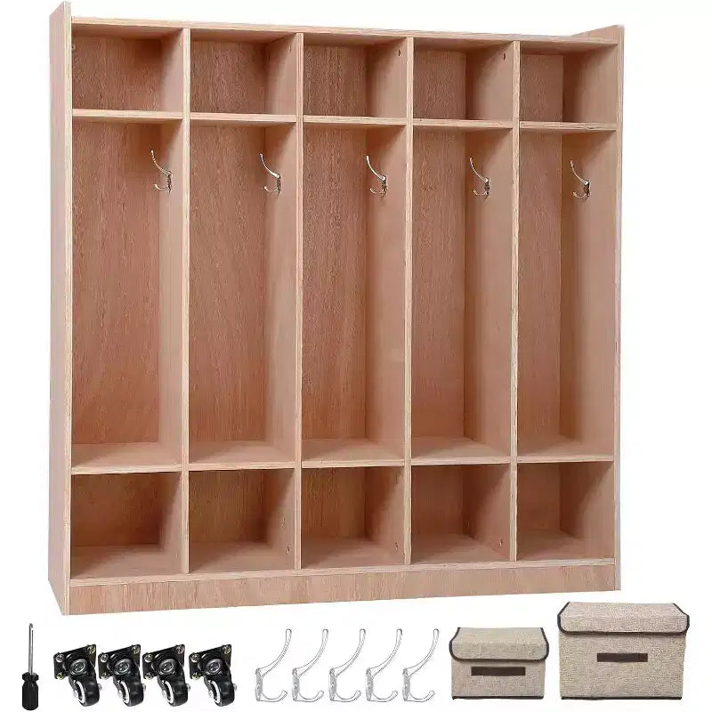 5 Section Wooden Kids Coat Locker Cubby with 5 Hooks, 4 Wheels, 2 Organizers, Toddler Sized Daycare Storage Cubbies for Homeschool, Kindergarten