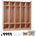 5 Section Wooden Kids Coat Locker Cubby with 5 Hooks, 4 Wheels, 2 Organizers, Toddler Sized Daycare Storage Cubbies for Homeschool, Kindergarten