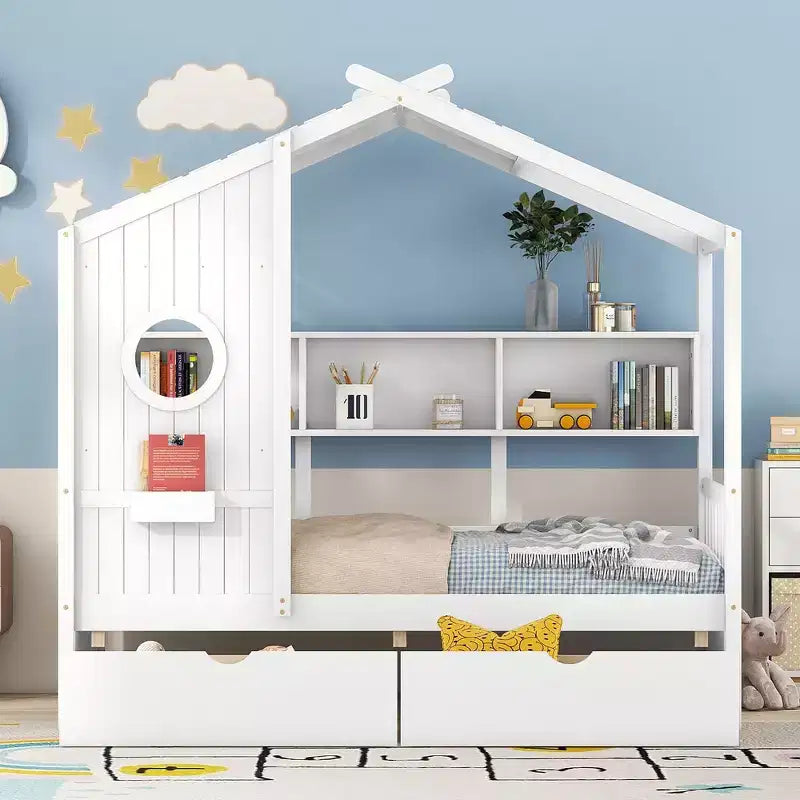 Lit cabane et lit enfant Whisen une place, lit cabane avec 2 tiroirs, étagère de rangement
