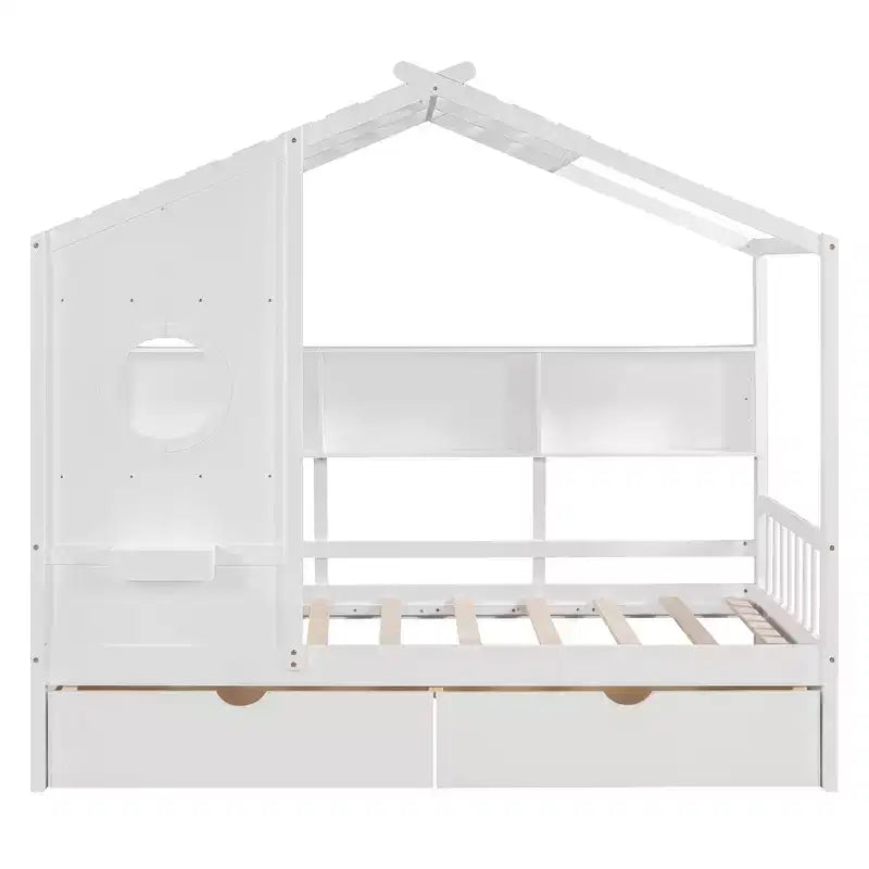 Lit cabane et lit enfant Whisen une place, lit cabane avec 2 tiroirs, étagère de rangement
