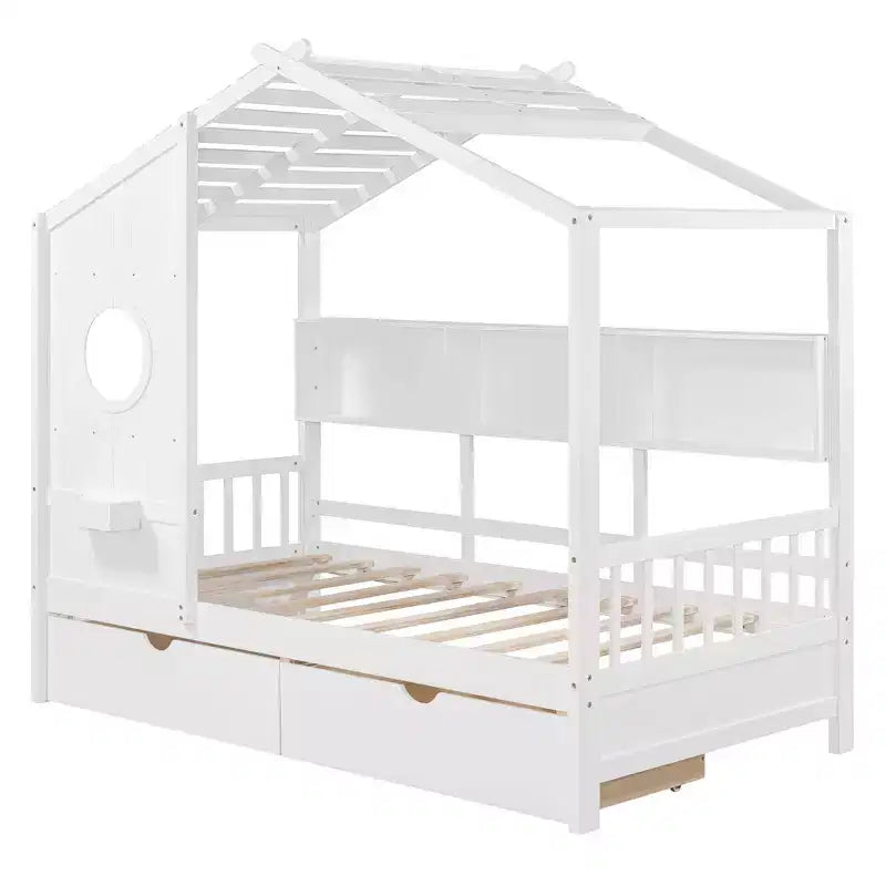 Lit cabane et lit enfant Whisen une place, lit cabane avec 2 tiroirs, étagère de rangement