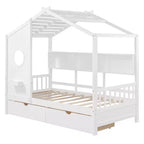 Lit cabane et lit enfant Whisen une place, lit cabane avec 2 tiroirs, étagère de rangement