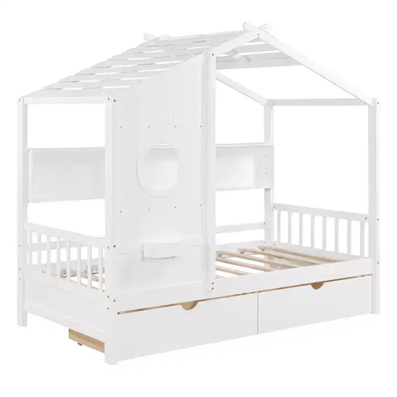 Lit cabane et lit enfant Whisen une place, lit cabane avec 2 tiroirs, étagère de rangement