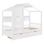 Lit cabane et lit enfant Whisen une place, lit cabane avec 2 tiroirs, étagère de rangement