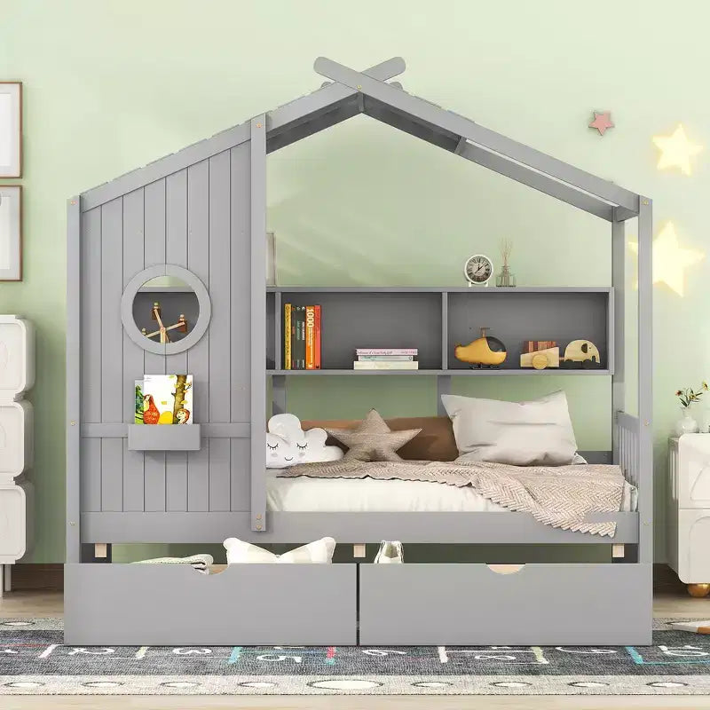 Lit cabane et lit enfant Whisen une place, lit cabane avec 2 tiroirs, étagère de rangement