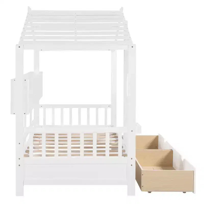 Lit cabane et lit enfant Whisen une place, lit cabane avec 2 tiroirs, étagère de rangement