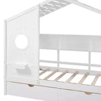 Lit cabane et lit enfant Whisen une place, lit cabane avec 2 tiroirs, étagère de rangement