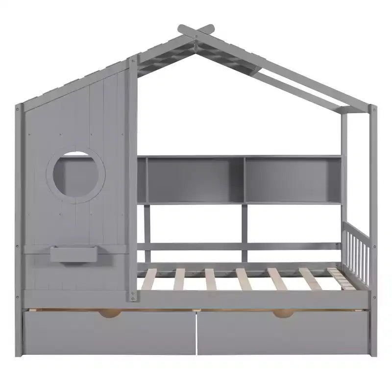 Lit cabane et lit enfant Whisen une place, lit cabane avec 2 tiroirs, étagère de rangement