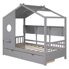Lit cabane et lit enfant Whisen une place, lit cabane avec 2 tiroirs, étagère de rangement