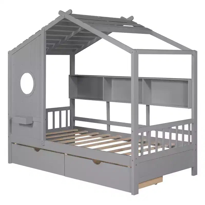 Lit cabane et lit enfant Whisen une place, lit cabane avec 2 tiroirs, étagère de rangement