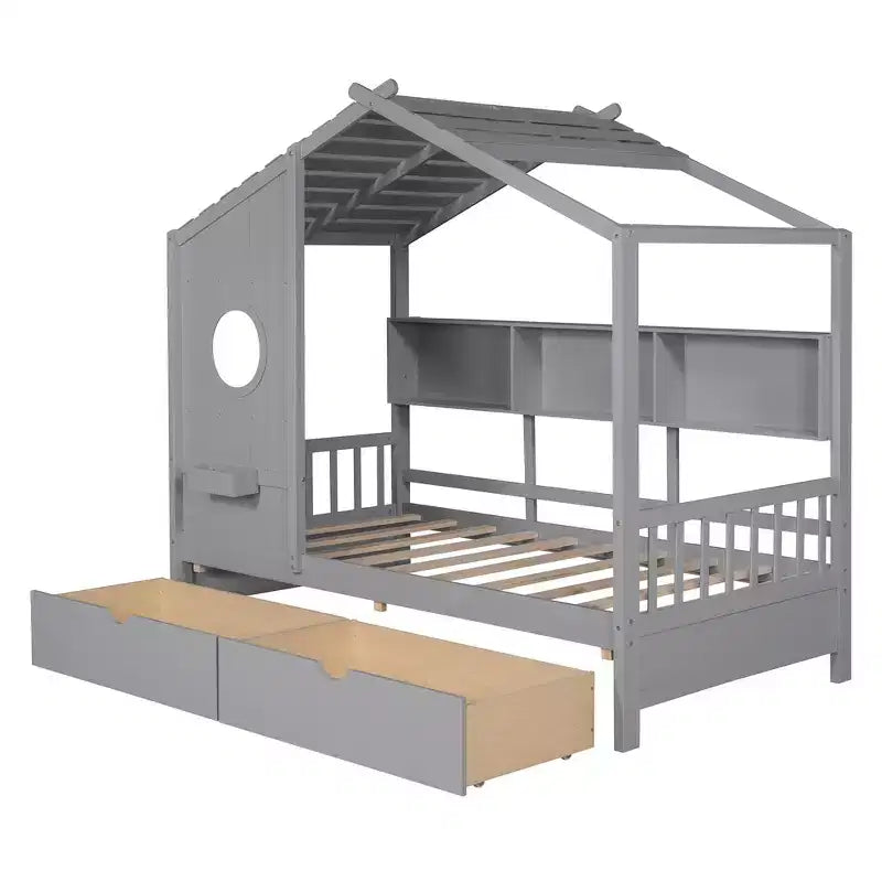 Lit cabane et lit enfant Whisen une place, lit cabane avec 2 tiroirs, étagère de rangement