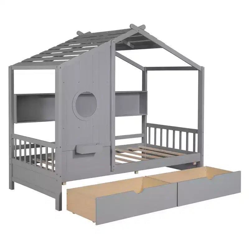 Lit cabane et lit enfant Whisen une place, lit cabane avec 2 tiroirs, étagère de rangement
