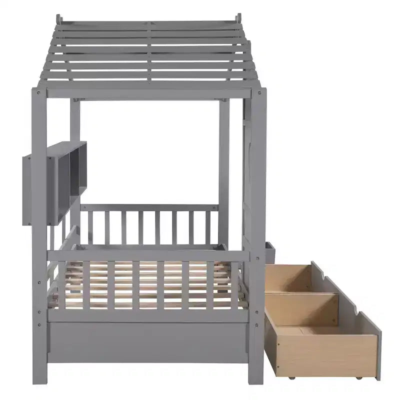 Lit cabane et lit enfant Whisen une place, lit cabane avec 2 tiroirs, étagère de rangement