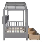 Lit cabane et lit enfant Whisen une place, lit cabane avec 2 tiroirs, étagère de rangement