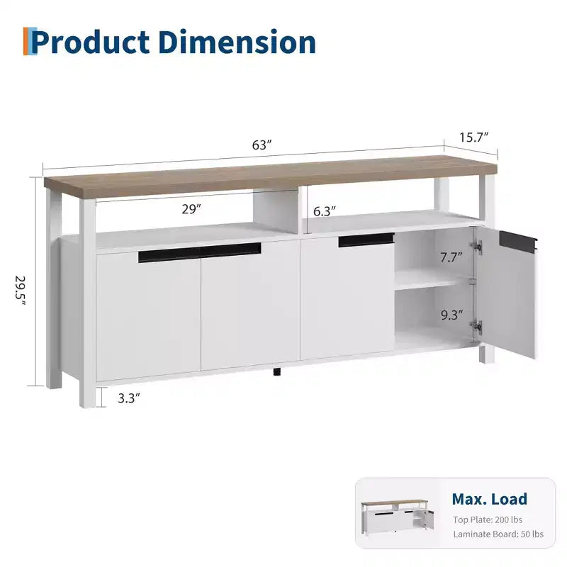 Meuble TV de ferme pour téléviseur de 70 pouces, meuble de divertissement de 160 cm de long avec rangement et étagère ouverte, grand meuble TV, table console média moderne et haute.