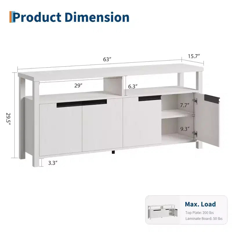 Meuble TV de ferme pour téléviseur de 70 pouces, meuble de divertissement de 160 cm de long avec rangement et étagère ouverte, grand meuble TV, table console média moderne et haute.