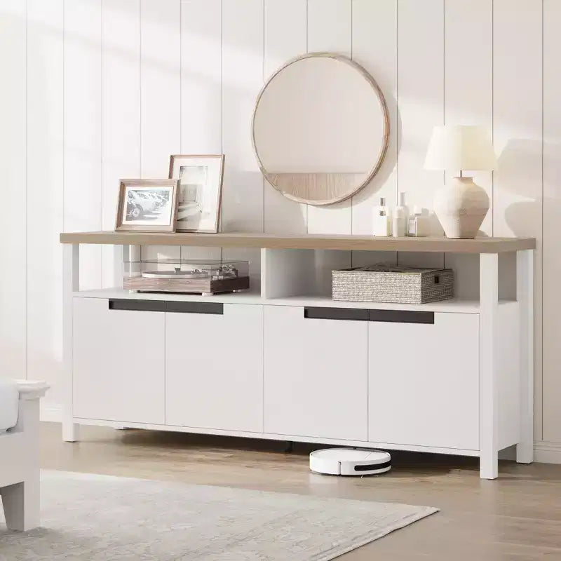 Meuble TV de ferme pour téléviseur de 70 pouces, meuble de divertissement de 160 cm de long avec rangement et étagère ouverte, grand meuble TV, table console média moderne et haute.