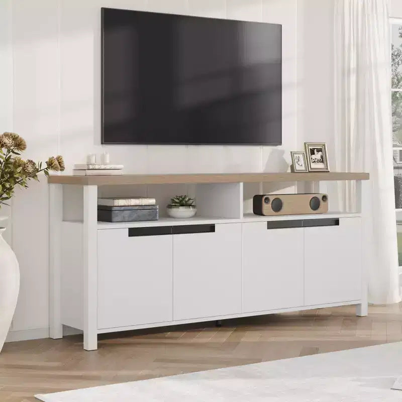 Meuble TV de ferme pour téléviseur de 70 pouces, meuble de divertissement de 160 cm de long avec rangement et étagère ouverte, grand meuble TV, table console média moderne et haute.