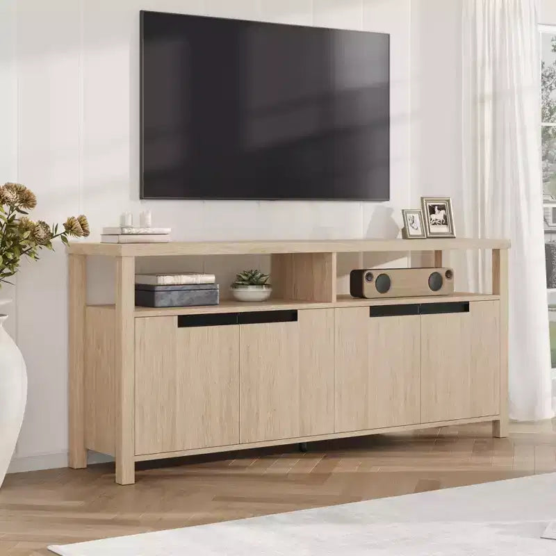 Meuble TV de ferme pour téléviseur de 70 pouces, meuble de divertissement de 160 cm de long avec rangement et étagère ouverte, grand meuble TV, table console média moderne et haute.