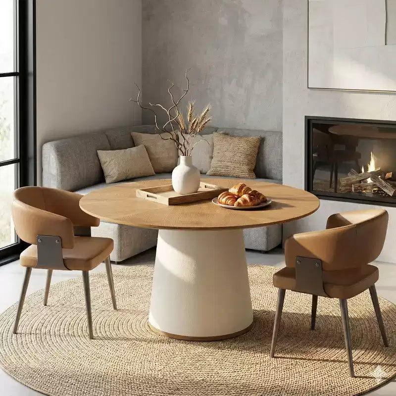 Table à manger ronde de 150 cm avec base en bois massif et piédestal recouvert de similicuir, table de cuisine moderne pour salle à manger Gaoyangjiaju